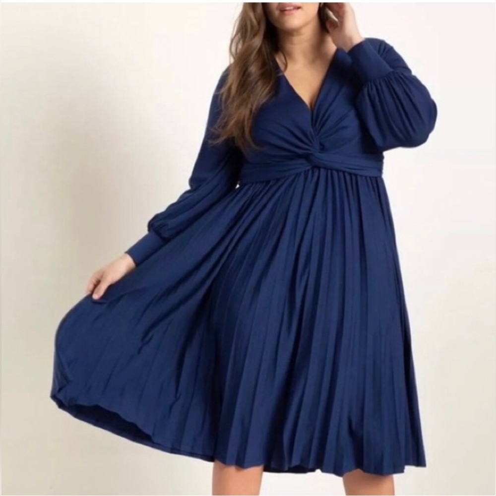 Eloquii Knot Front Pleated Skirt Midi Dress Balloon Sleeve Surplice Blue 18